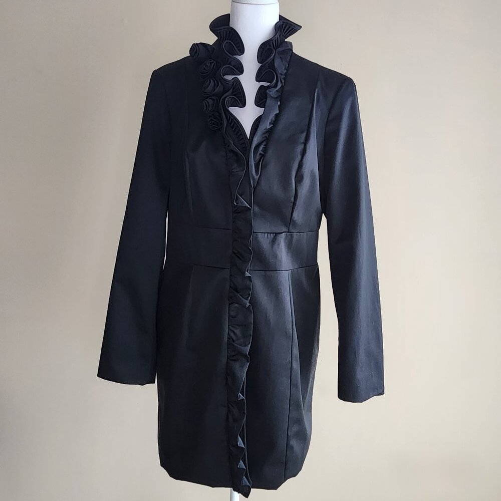 White House Black Market Satin Trench Jacket Ruffled Collar with Rosettes EUC 8